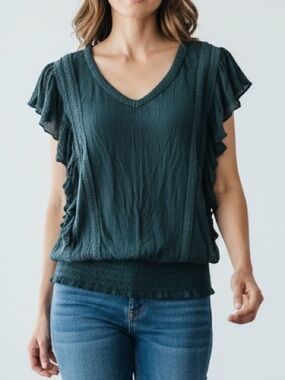 Maurices Teal V-Neck Ruffle Sleeve Top Size L